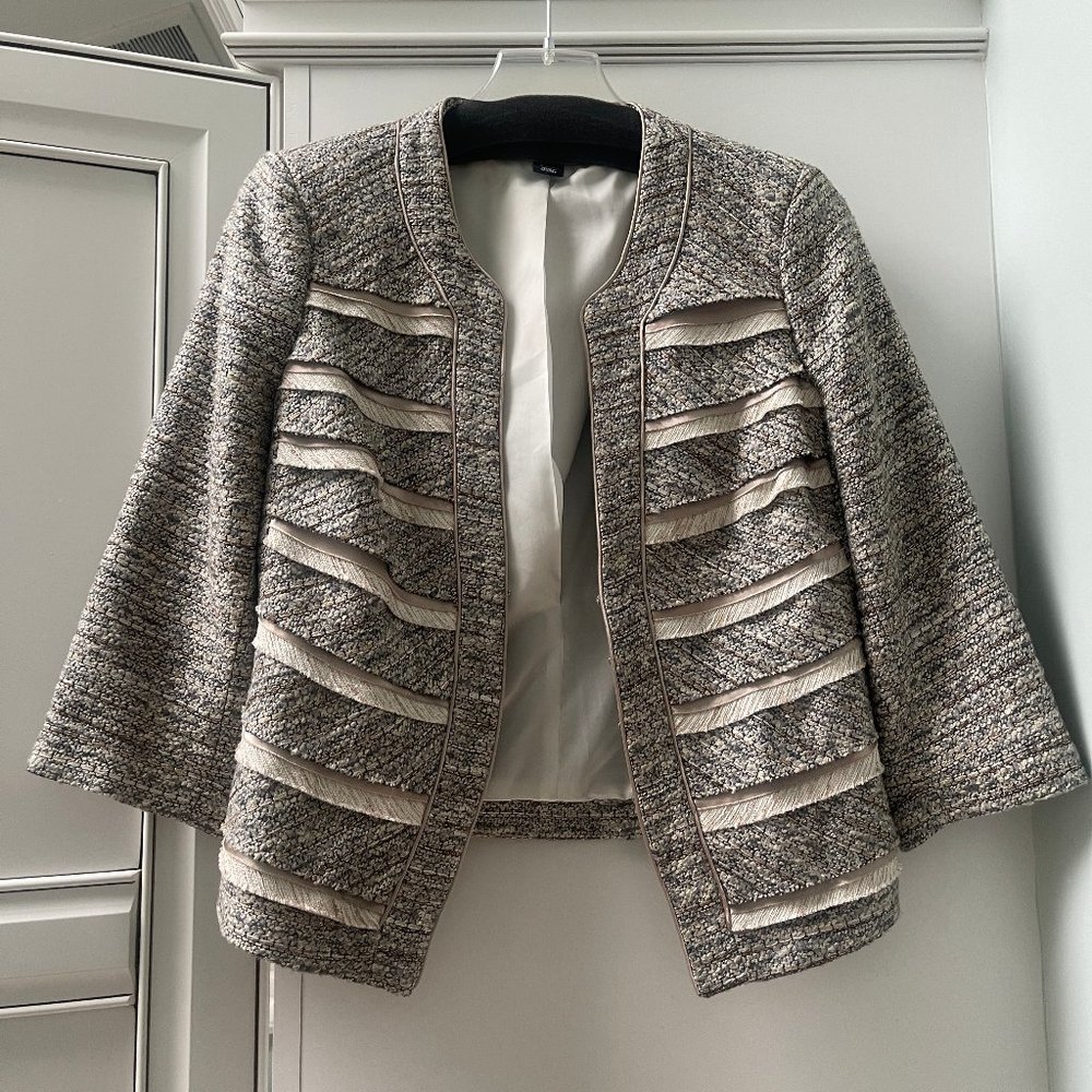 WHBM Metallic Tweed 3/4 Sleeves Cropped Lined Career Collarless Blazer, Size 6